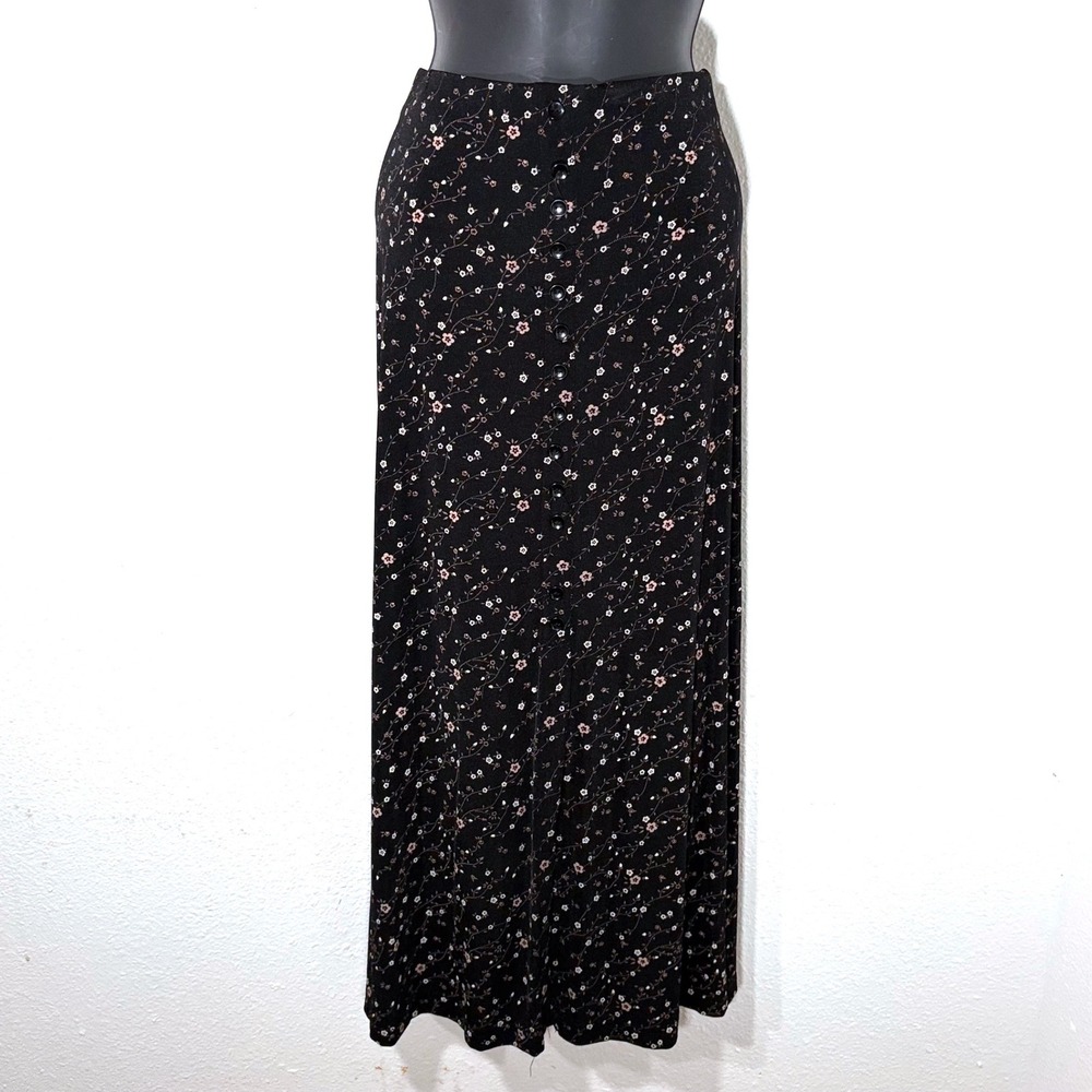 VTG Floral Maxi Skirt Black Pink Beige Button Dark Fairy Whimsygoth Women L Ps - Picture 9 of 11